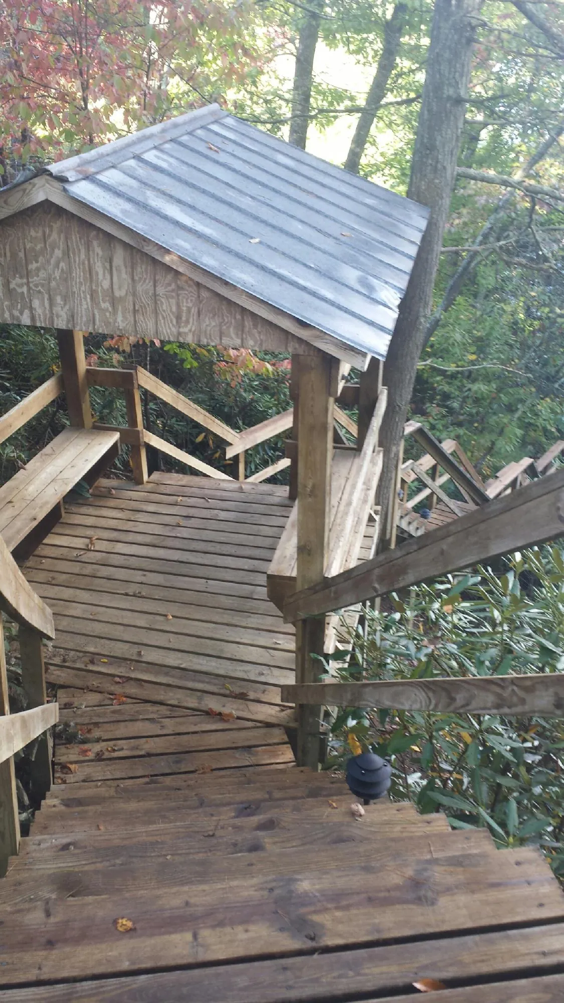Metal roofed shelter over wooden steps on a wooded walkway — Skylight Repair & Installation work by our crew in Lyndeborough